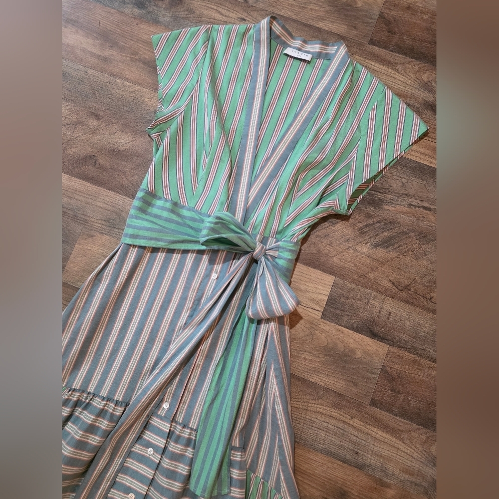 Sandro Paris Women's Green Striped Button Front Wrap Dress Size 36 - Picture 5 of 12